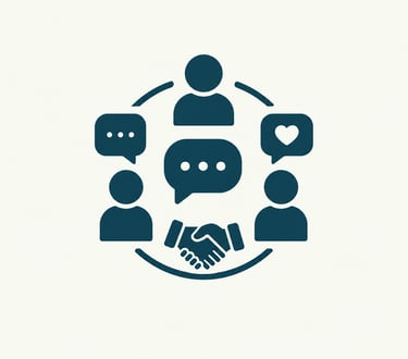 Business collaboration icon showing people icons, speech bubbles, and a handshake for teamwork.