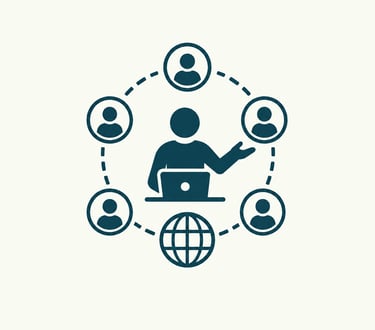 A blue flat icon representing a global business network with person avatars connected around a central leader using a laptop.