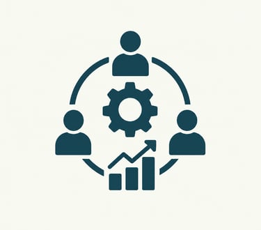 Business teamwork icon showing people figures, a gear, and a growth chart for collaboration and productivity.