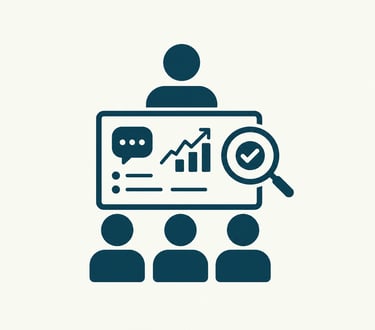 A business data analysis icon showing a person presenting a growth chart to an audience.