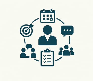 Business management icon showing project planning, goal setting, and team communication.