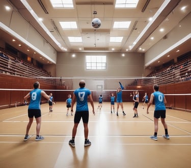 Young athletes practicing powerful spikes on an indoor volleyball court bathed in purple lighting.