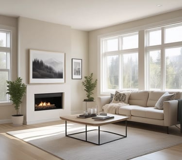 Painter carefully applying light blue paint to a living room wall.