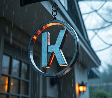 a custom sign or logo hanging from a house