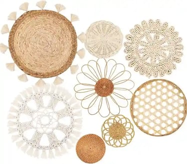 Boho Wall Basket Décor Set of 8 – Handmade Wicker & Macramé Wall Hanging for Dining Room – Bohemian 