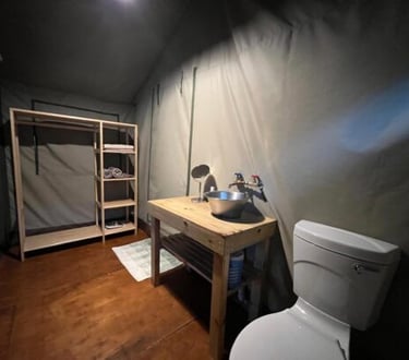 En suite bathroom at Albizia self catering tented camp in Hluhluwe