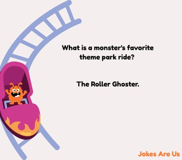 Monster on a roller coaster with a text "What's a monster fav ride? Roller Ghoster."