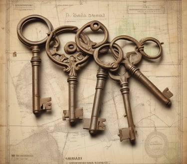 Llave antigua sobre un plano catastral o un certificado de propiedad.