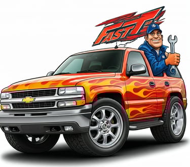 Fast T's Mobile Battery Service Truck cartoon with a Mechanic and a wrench 