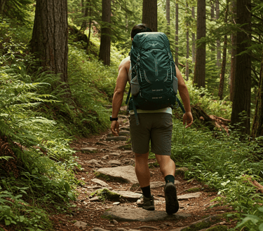 Hiker on a hike on mountain trail with hiking backpack with big trees around