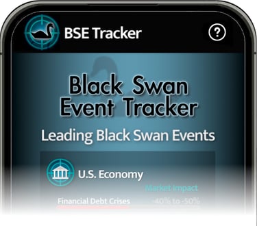 The Black Swan Events Tracker app shown on a mobile phone. Showing a U.S. Economy black swan event