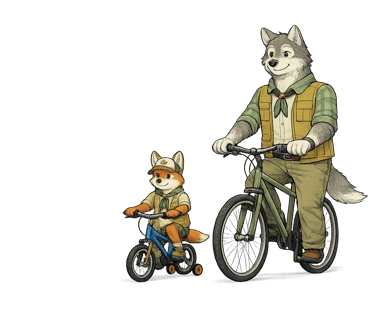 A wolf scout leader riding next to a fox scout on a bike with training wheels.