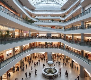 An aerial view of a modern retail store interior featuring neatly arranged displays of clothing, accessories, and mannequins. The store is well-lit with a sleek design, and several shoppers are visible browsing the merchandise. Glass and metal elements contribute to the contemporary aesthetic.