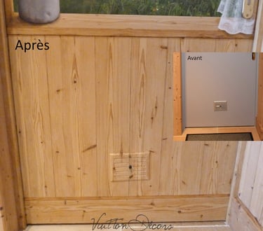Nous pouvons imiter des matières en peinture décorative, un faux bois peint habille une porte de service pour mieux l'intégre