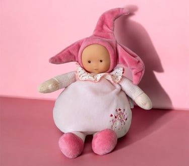 Peluche doudou poupée corolle arlequin rose