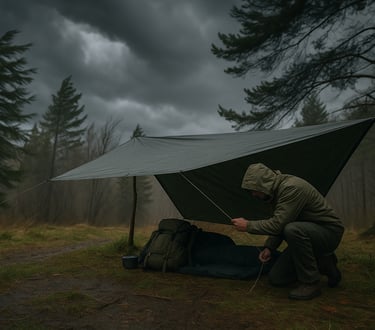 Solo camper inspecting lean-to tarp shelter under cloudy skies for weatherproof survival