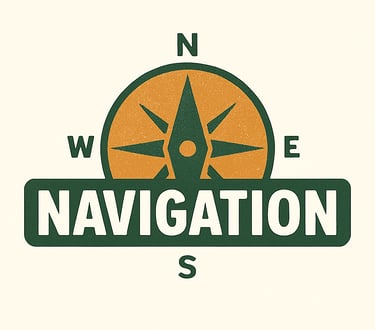Navigation section icon with compass rose — wilderness wayfinding, orienteering, survival direction skills category banner”