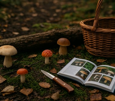 Field guide and knife next to colorful mushrooms on forest floor showing edible and poisonous ID study