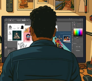 Man illustrating a colorful character design on a digital drawing tablet