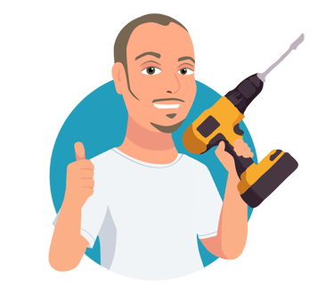 Cartoon graphic image of Cyd holding a drill