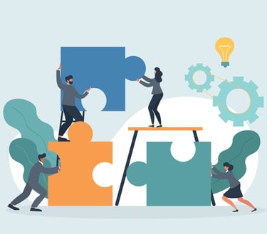 persone che compongono un maxi puzzle