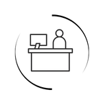 Minimalist line icon of a person working at a desk with a computer monitor inside a circular frame.