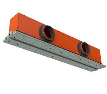 ERGOVENT LINEO PRO 125 angled view showing orange plenum body with two large round duct inlets and gray gypsum frame
