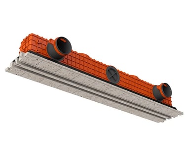 ERGOVENT LINEO PRO PUZZLE 2-slot 75-90mm angled view showing orange plenum body with round duct inlets and gray gypsum frame