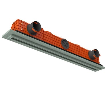 ERGOVENT LINEO PRO single-slot 75-90mm angled view showing orange plenum body with round duct inlets and gray gypsum frame