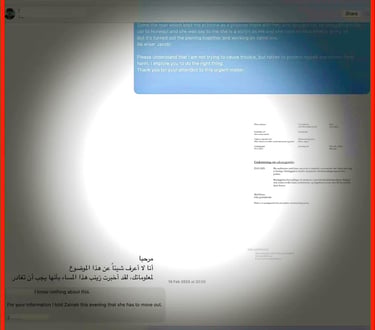 تواصل كتابي مع ضابط شرطة نرويجي سكنت معه زينب عبد الكريم بهدف ابتزاز الشاهد لحذف المعلومات والحقائق