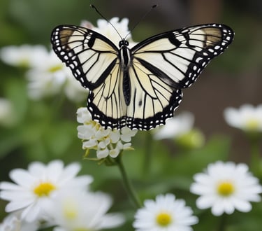 A yellow and black Paper Kite butterfly resting on white daisy flowers in a garden.