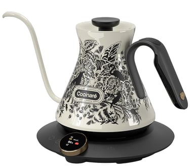 Cocinaré electric gooseneck kettle with jungle botanical design and temperature control base.
