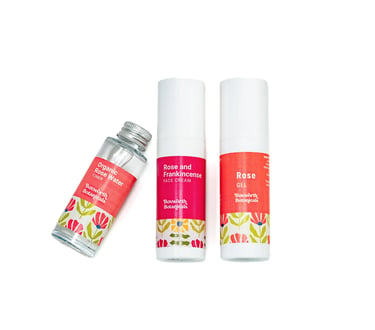 Rose skincare gift set products photographed on a white background