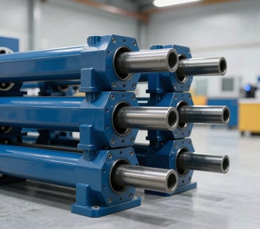 Close-up shot of heavy-duty trailer axles stacked neatly in a bright, modern warehouse, industrial blue steel finish, cleanroom white background, professional commercial lighting.