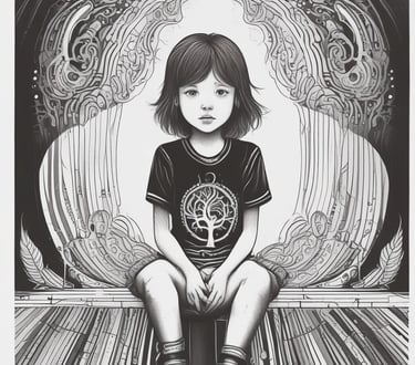 a young girl sitting on a bench in a room