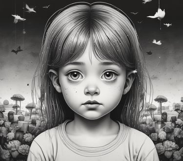 a black and white photo of a girl with a bird on her head