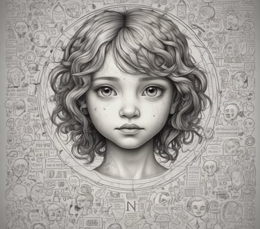 a girl with a big smile on her face and a drawing of a girl with