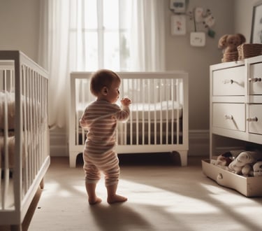 a baby standing in a crib with a crib and a crib