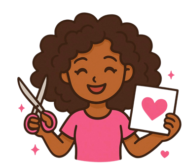 A smiling girl with curly hair holding scissors and a black card with a pink heart cutout.