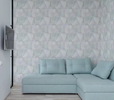 Salon bleu avec tenture murale, recouvert de tissu bleu ciel