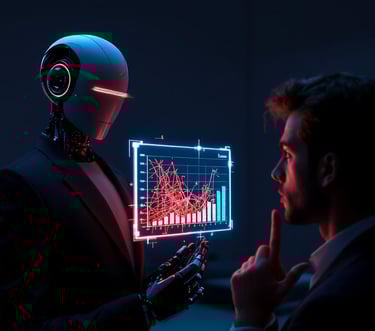 Un robot con traje presenta un plan de negocios erróneo a una persona que lo mira con escepticismo..