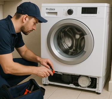 Blue Flame Works technician repairing a Blomberg front-load washer with tools on the floor.