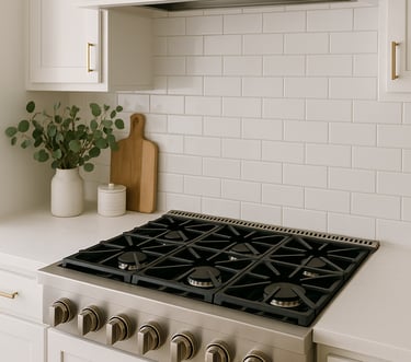 Built-in six-burner gas cooktop in a modern white kitchen.