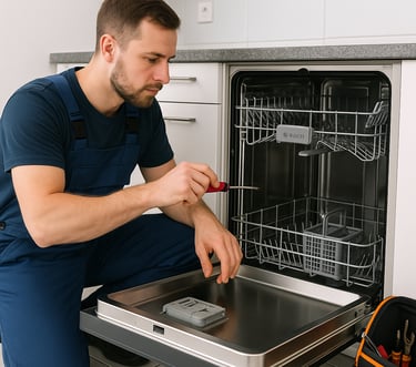 Blue Flame Works technician servicing a Bosch dishwasher in a modern kitchen.