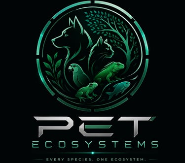 Pet Ecosystems logo featuring a green dog, cat, parrot, iguana, frog, and fish in a circular wildlife emblem.