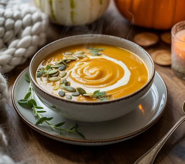 a bowl of soup with pumpkin spiced cream and pumpkin spiced cream