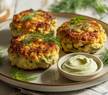 a plate with three crab cakes and a fork and knife