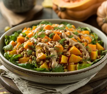 a bowl of food with a fork and knife on a wooden table