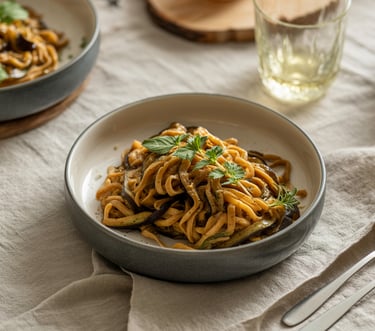 a table with a bowl of noodles and a glass of wine