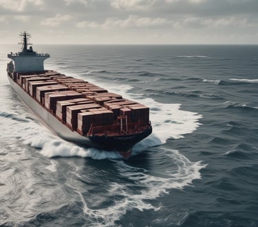A large cargo ship is loaded with multiple shipping containers stacked high. Cranes labeled 'Terminal Burchardkai' are positioned above, suggesting the loading or unloading process is underway. The ship is sailing through a body of water with a cloudy sky overhead. The containers are colorful and bear various company logos.